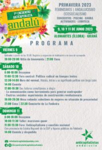 Programación del encuentro anticapitalista andalu 2023: charlas, talleres, conciertos y ludoteca