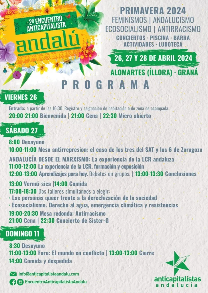 Programa del ENCUENTRO ANTICAPITALISTA ANDALÚ con horarios y actividades